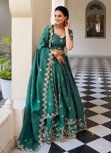 Amazing Teal blue Gold crush festive lehenga with sequin thread embroidery work.